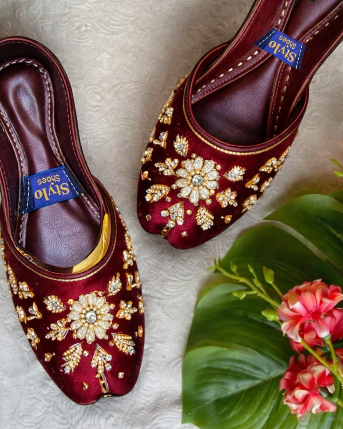 Crimson Bloom Velvet Khussa