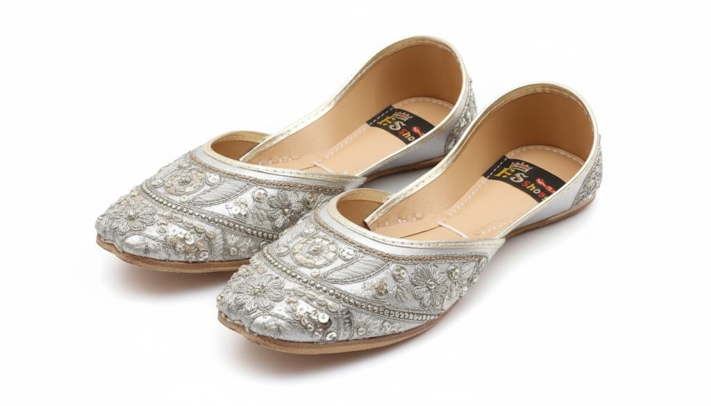 Hand-Embroidered Silver Zardosi Khussa