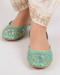 Turquoise Tilla & Pearl Embellished Khussa