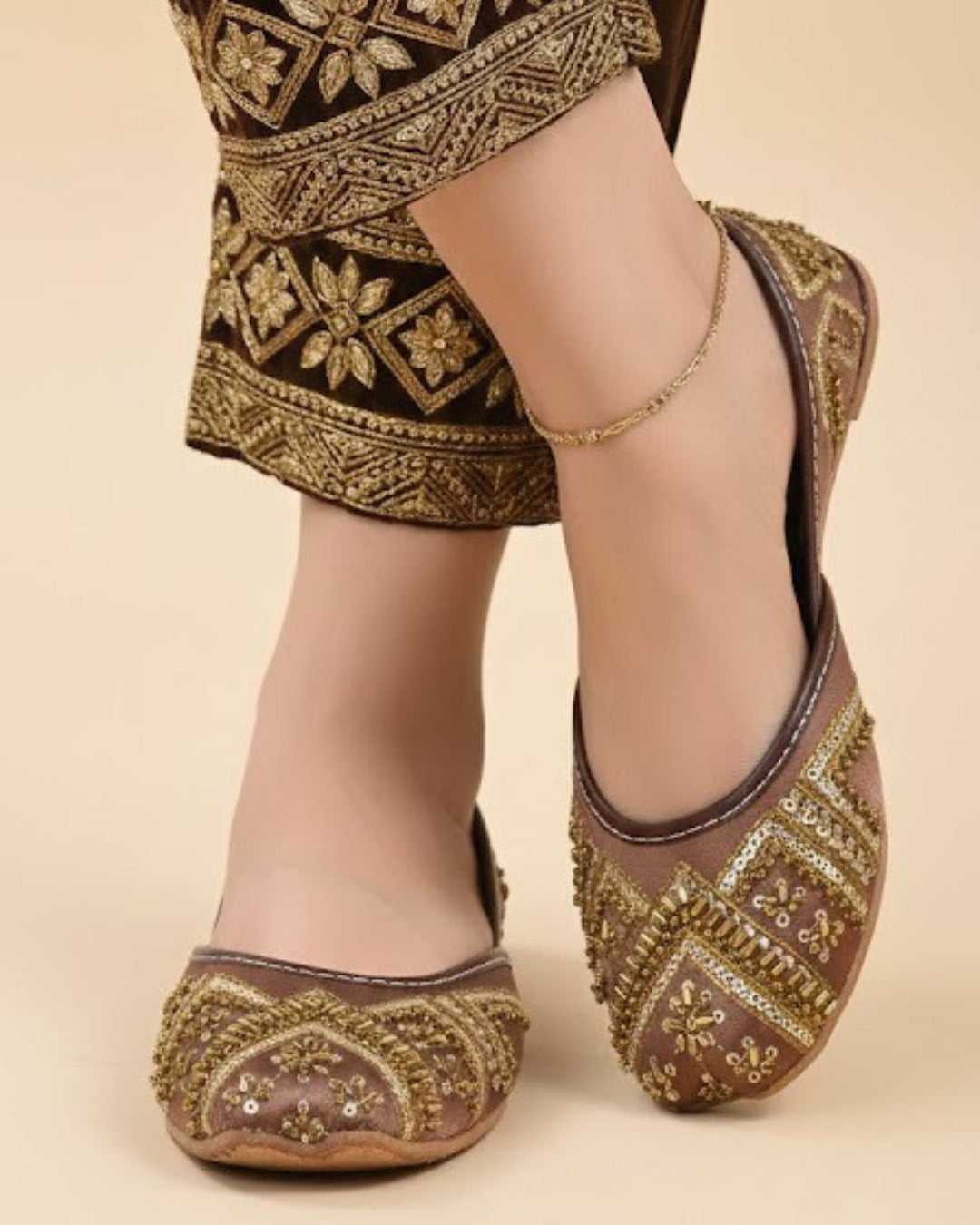 Chocolate Bronze Zardosi Chevron Khussa