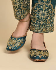 Teal Silk Gilded Bloom Khussa