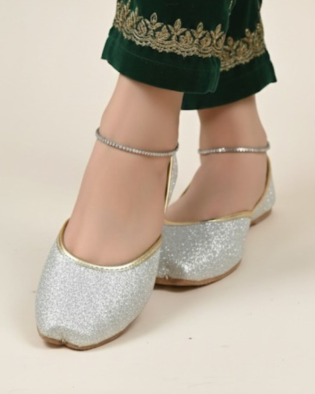 Glittering Silver Dust Khussa with Gold Piping