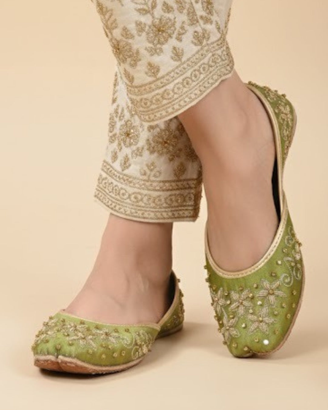 Olive Silk Floral Embroidered Khussa