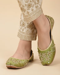 Olive Silk Floral Embroidered Khussa