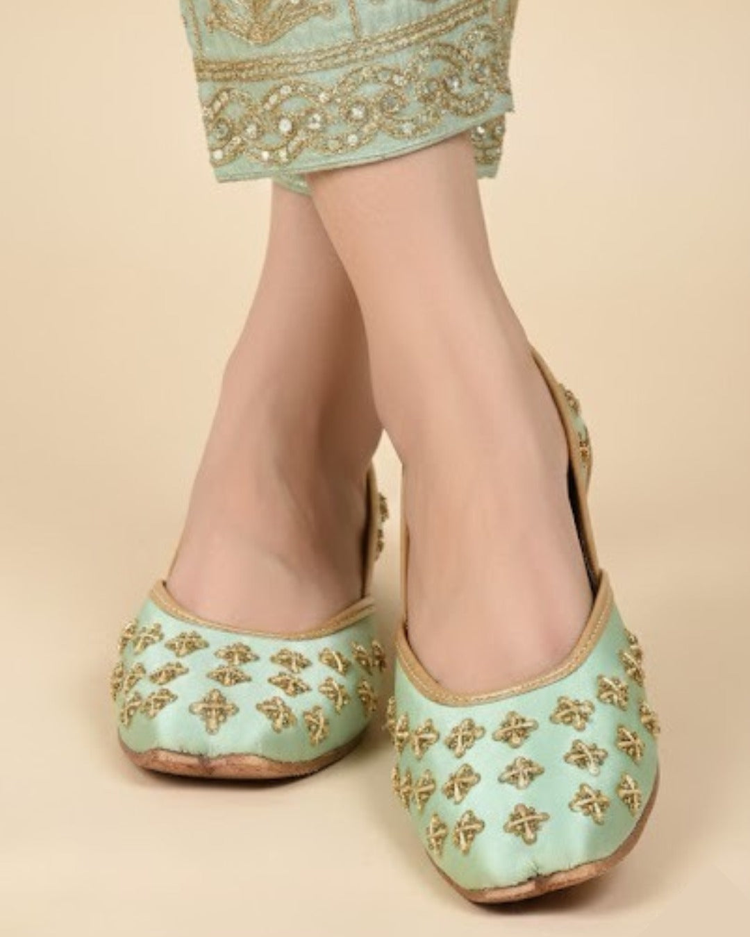 Mint Silk Cross-Stitch Gilded Khussa