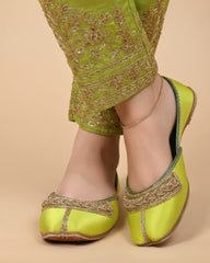 Neon Lime Silk Zardosi Buckle Khussa